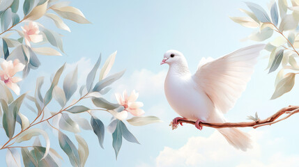 Fototapeta premium White dove bird perched on branch surrounded by blooming flowers in peaceful watercolor scene. Concept of tranquility, nature beauty, serenity, peacefulness, cute pigeon