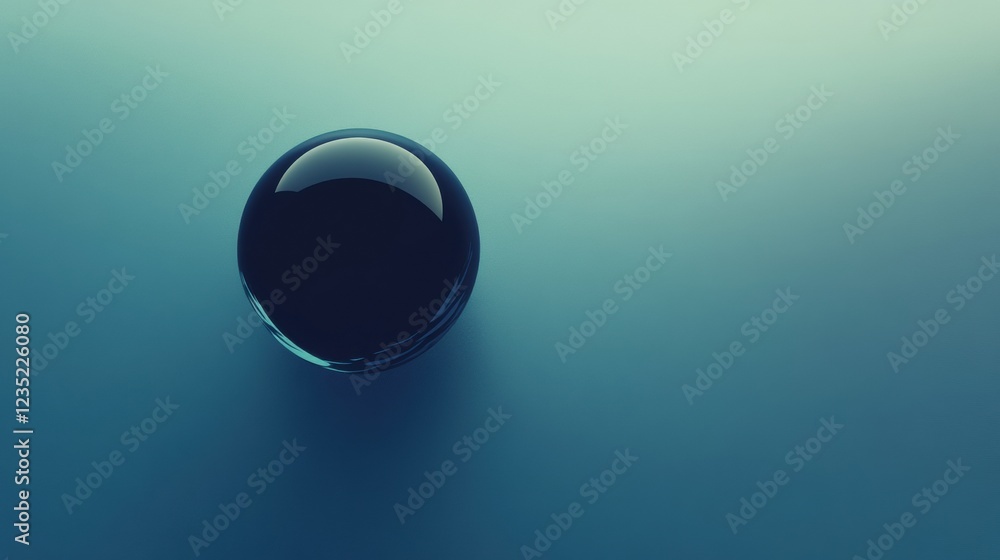 Poster glowing black sphere rests on smooth blue surface under soft light in an artistic composition of min