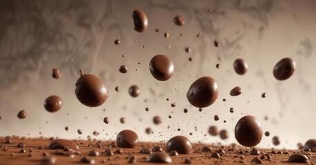 Chocolate drops falling horizontally in mid-air,  texture,  brown