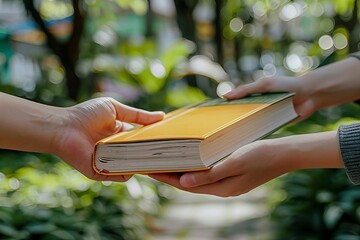 Giving and Receiving Books Outdoors: Closeup of Hand Sharing