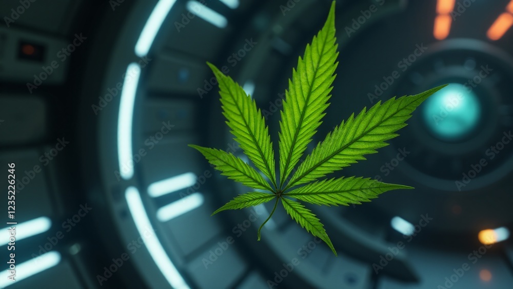Aufkleber a marijuana leaf floating in zero gravity, drifting and rotating with glowing edges and particle tra