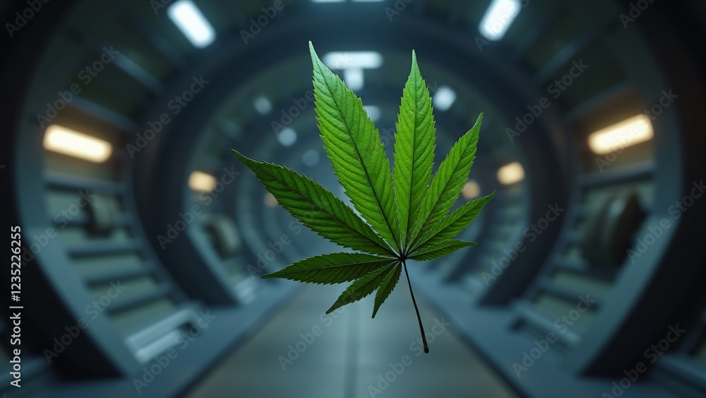 Poster a marijuana leaf floating in zero gravity, drifting and rotating with glowing edges and particle tra