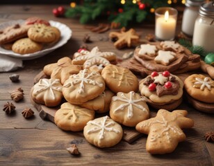 Christmas cookies and sweet pastries on a rustic wooden table,  rustic,  table