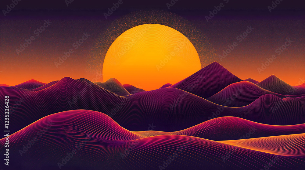 Poster dynamic sunset over rolling hills with vibrant colors and distinct arcs in the background. generativ