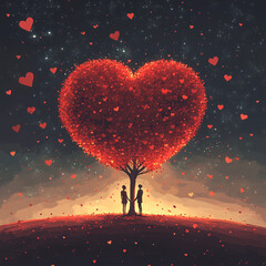 Obraz premium Romantic Digital Illustration of a Couple Standing Under a Glowing Heart-Shaped Tree, Dreamy Fantasy Scene with Floating Heart Petals and Magical Atmosphere