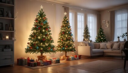 Christmas tree decorated with fairy lights and ornaments in a room,  seasonal decor,  indoor decoration