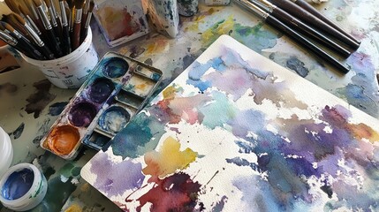 Drawing creative materials set isolated on white background. Watercolor paint, palette and paintbrushes in cup. Painting tools design for artists shop, art salon, class or studio. Art supplies. Vector