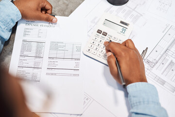 Hands, business man and accountant with calculator for bookkeeping, equity or cost at construction company. Office, auditor and electronic calculation for tax, budget and financial expenses closeup