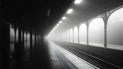 A train station with a long platform and a train in the distance