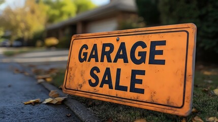 A sign that says "garage sale" is on the ground