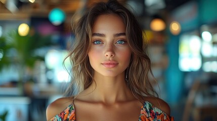 Obraz premium Young woman in colorful attire, smiling in a vibrant café