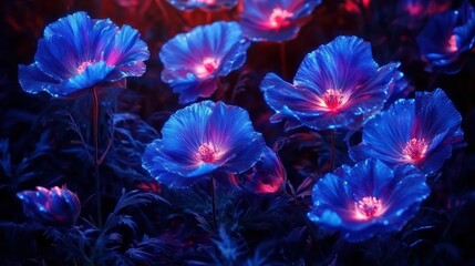 Neon blue flowers glowing at night in a garden