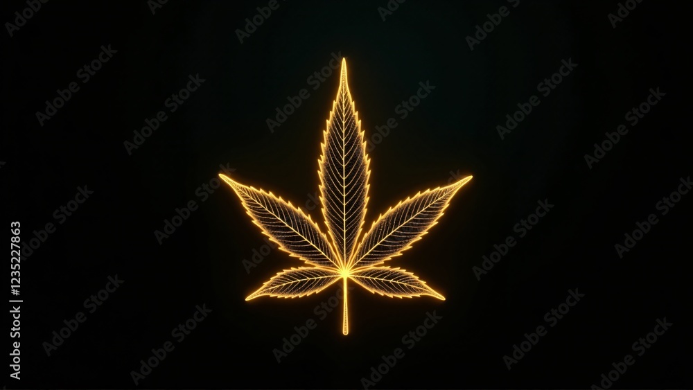 Poster a marijuana leaf with golden circuit veins glowing over a black background. the intricate patterns c