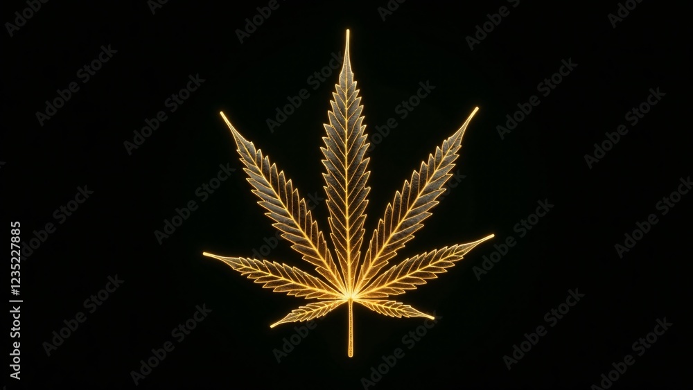 Poster a marijuana leaf with golden circuit veins glowing over a black background. the intricate patterns c