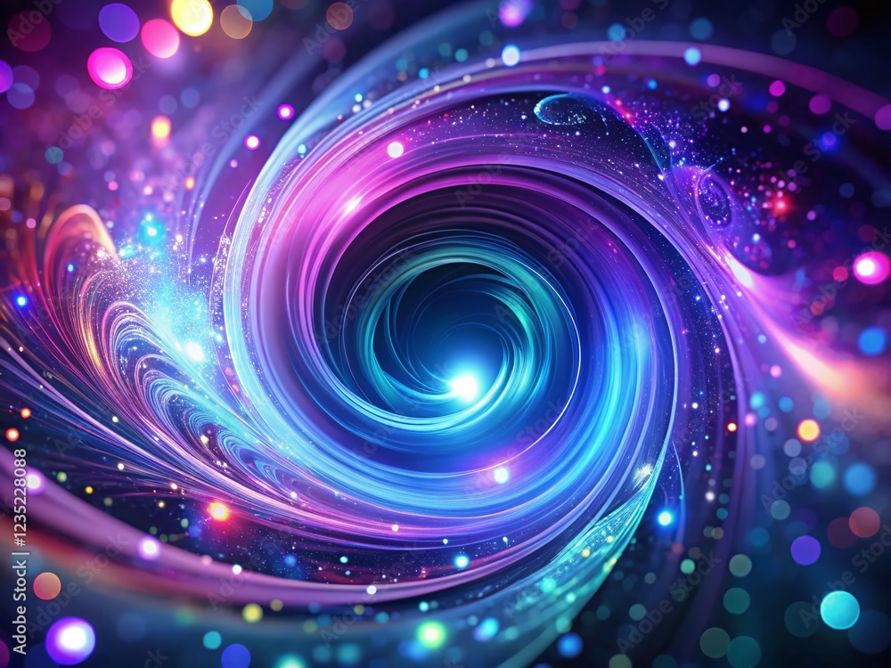 Poster abstract dark ultraviolet neon spiral whirlpool data flow background with bokeh effect