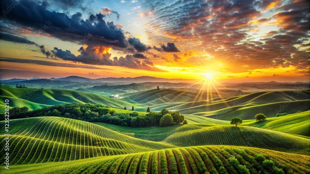 Poster abstract digital data landscape: binary code sunset over green fields