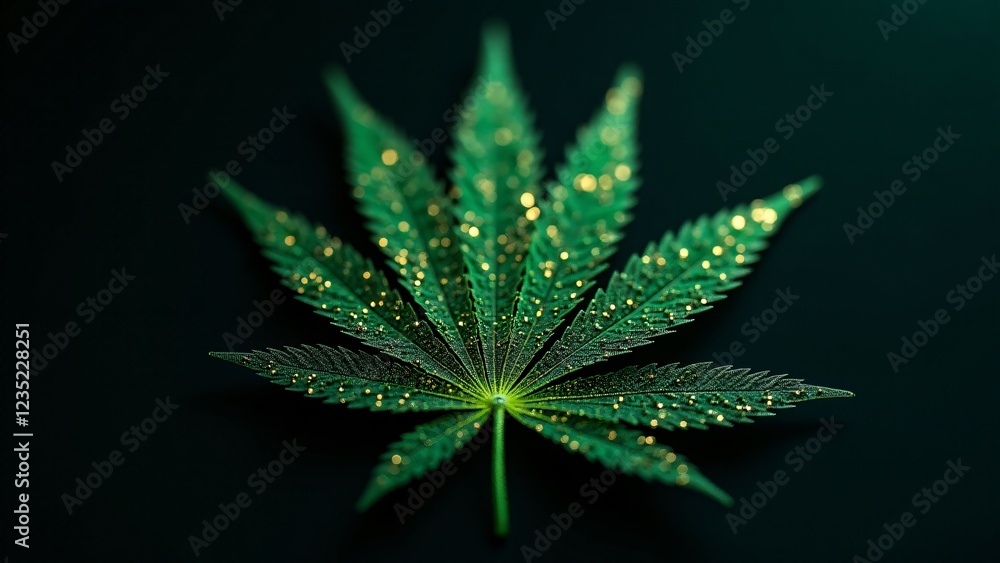 Poster a marijuana leaf composed of tiny interconnected microchips, forming a complex circuit-like design. 