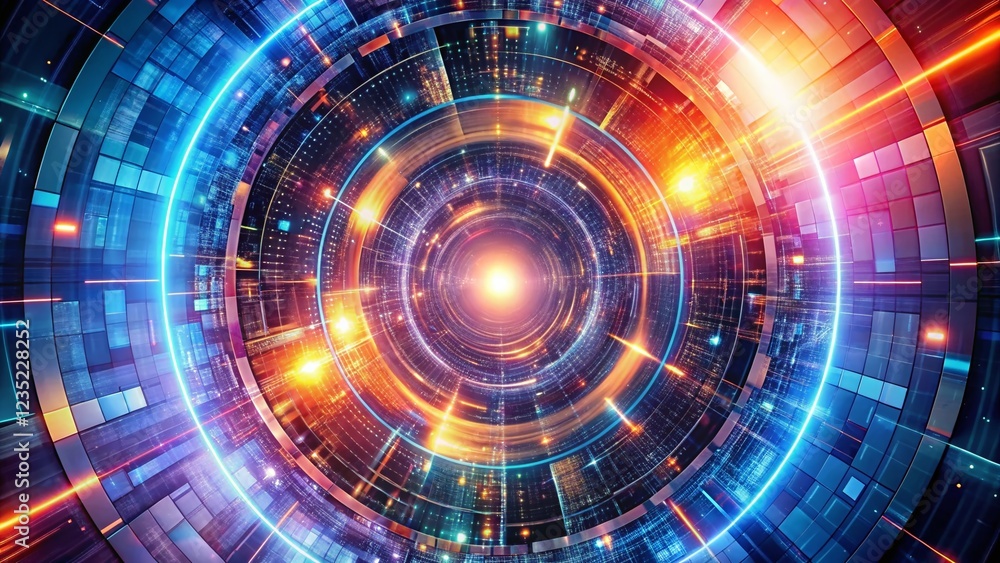 Poster abstract digital tunnel: futuristic circle texture aerial view - virtual space background