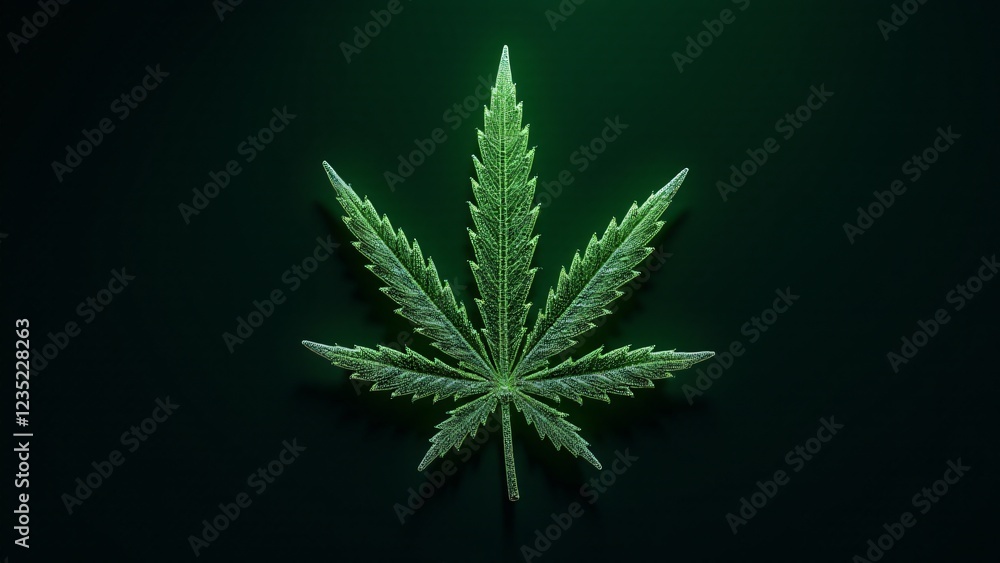 Poster a marijuana leaf composed of tiny interconnected microchips, forming a complex circuit-like design. 