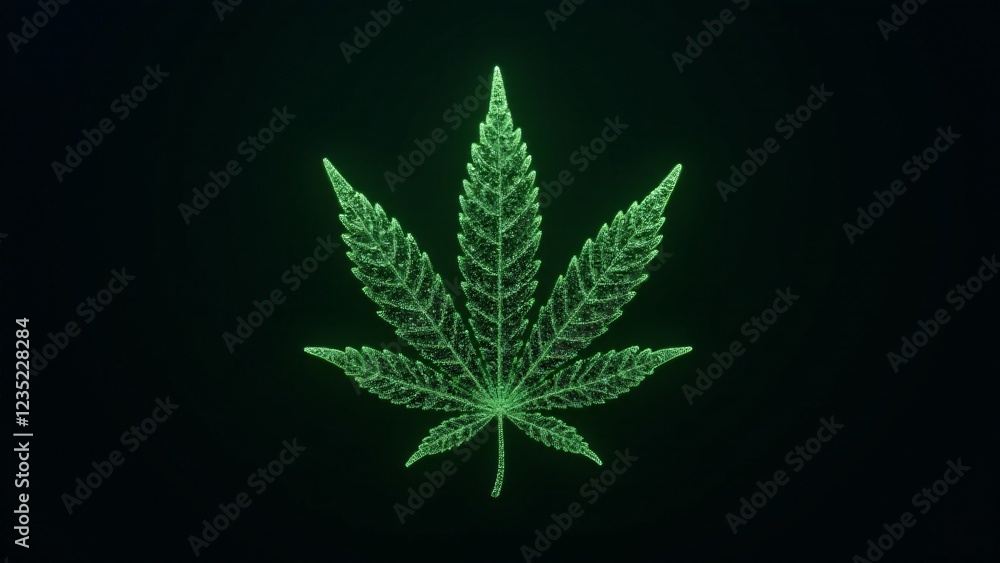 Poster a marijuana leaf composed of tiny interconnected microchips, forming a complex circuit-like design. 