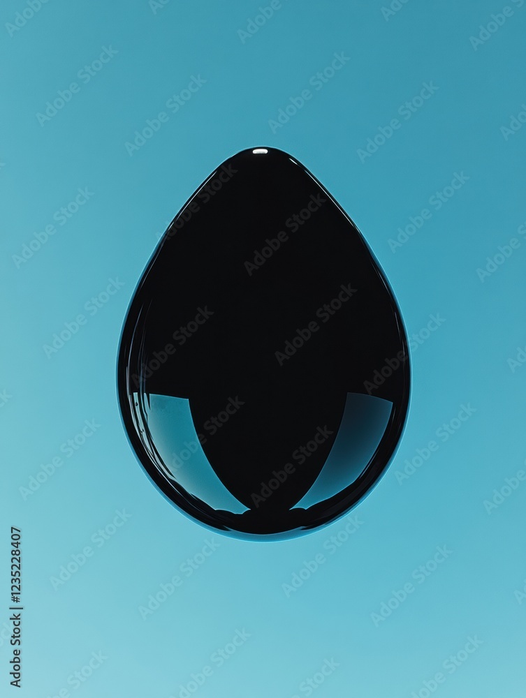 Poster black drop suspended in midair against a vibrant blue background highlighting its unique shape and r