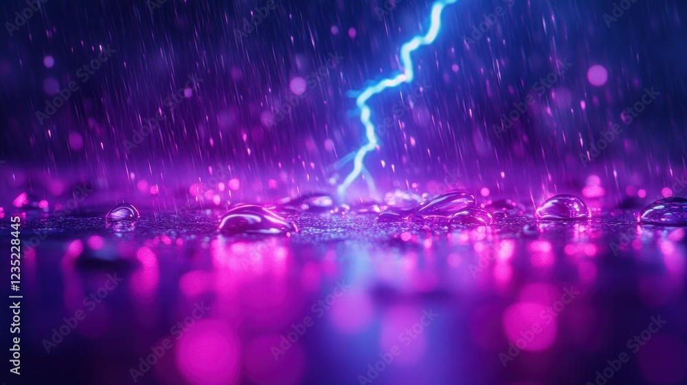 Sticker Neon Lightning Storm Rain Drops on Dark Surface