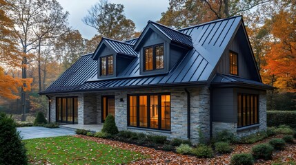 A large house with a black roof and a lot of windows