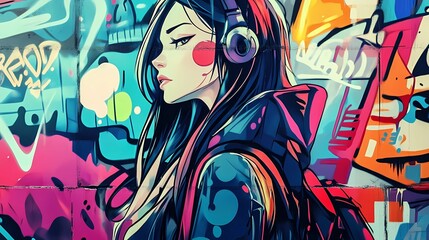 A vibrant digital illustration of a stylish woman wearing headphones, set against a colorful graffiti background. urban, street-art-inspired piece conveys music, creativity, and modern aesthetic