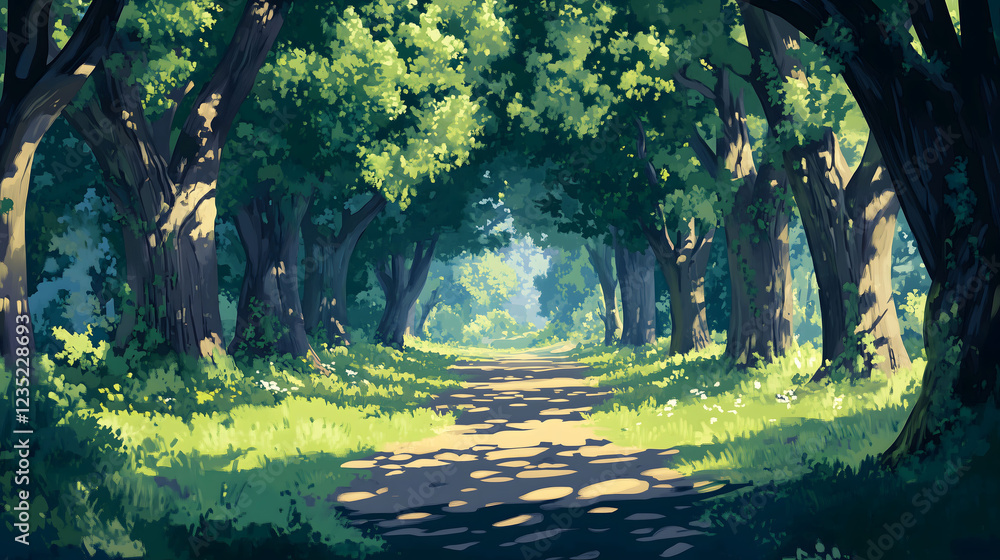 Aufkleber vibrant forest path invites exploration into lush greenery under soft sunlight in a tranquil setting