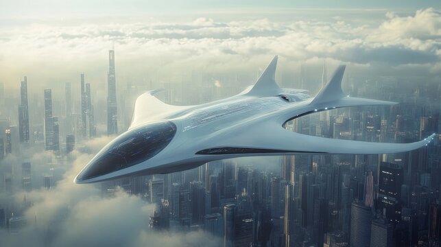 Futuristic airplane soaring above a sprawling sci fi cityscape under a cloudy sky. Generative AI
