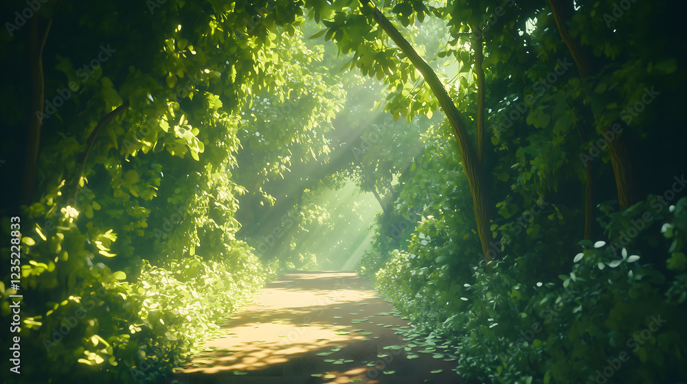 Poster lush vibrant forest path inviting exploration into dense greenery. generative ai