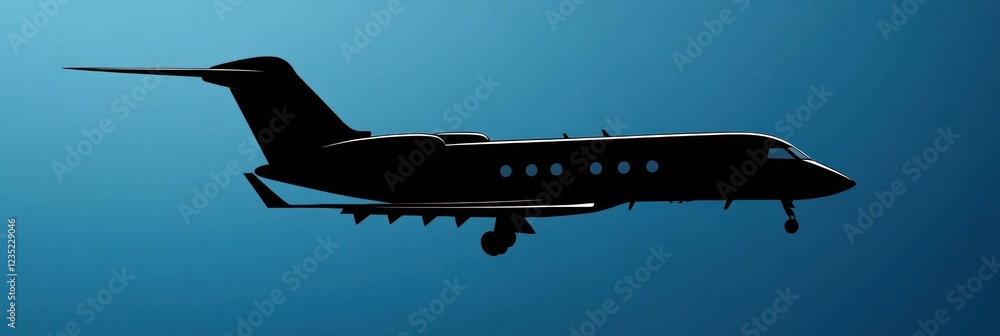 Poster silhouette of a sleek airplane flying against a deep blue sky at twilight with clean lines defining 
