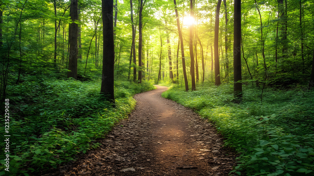 Poster discover a serene forest path winding through vibrant greenery as sunlight filters through tall tree