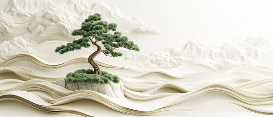 "Pine Tree on Island Amid Flowing Waves in Traditional Chinese Landscape Style"
