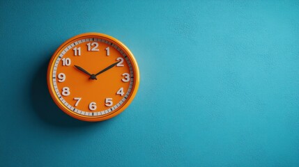 Orange wall clock on vibrant turquoise background