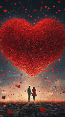 Obraz premium Romantic Couple Standing Under a Glowing Heart-Shaped Tree, Dreamy Fantasy Scene with Floating Red Petals and Magical Atmosphere