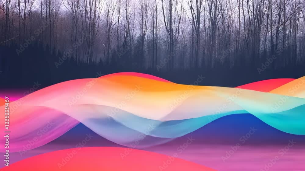 Poster vibrant abstract digital background featuring dynamic colorful lines in a serene forest setting with