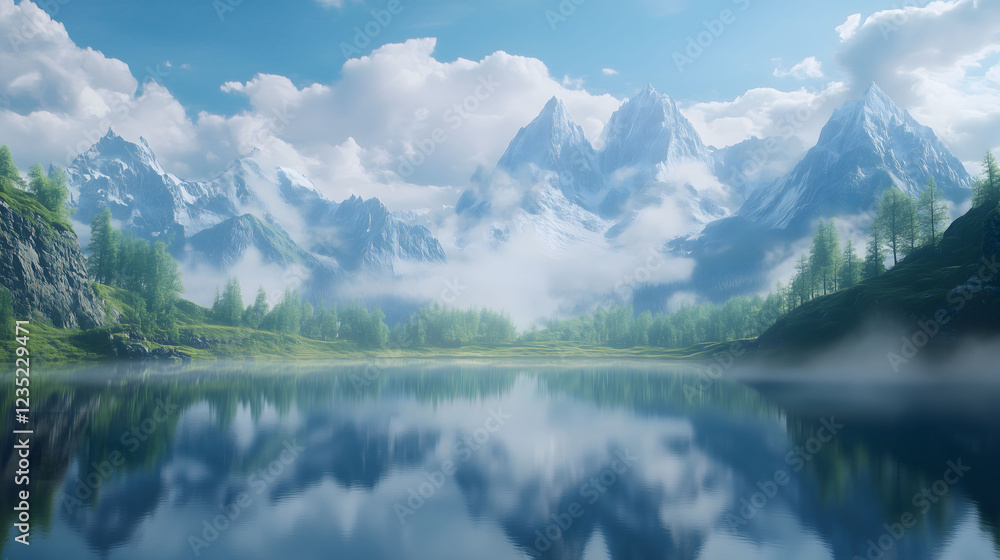 Aufkleber majestic mountain range reflected in tranquil lake under clear sky with soft clouds. generative ai