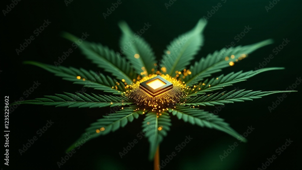 Poster a marijuana leaf with a glowing microchip at its core, extending golden circuit lines toward the edg