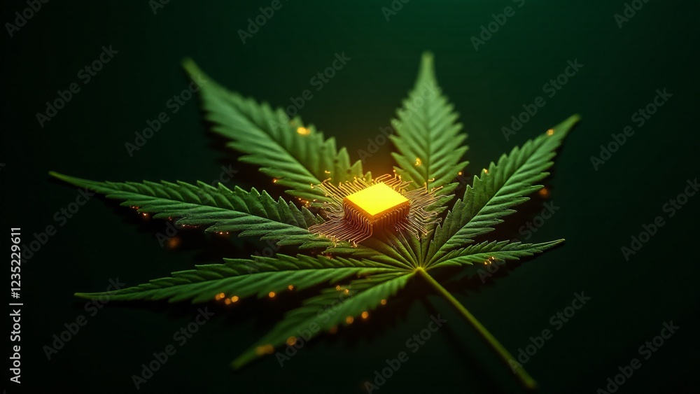 Poster a marijuana leaf with a glowing microchip at its core, extending golden circuit lines toward the edg