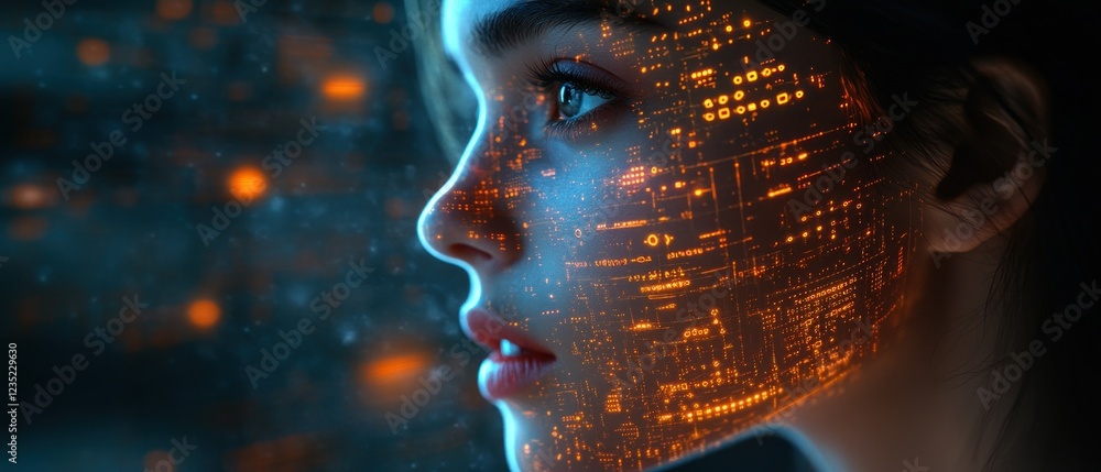Aufkleber woman's profile illuminated by digital patterns in a futuristic setting