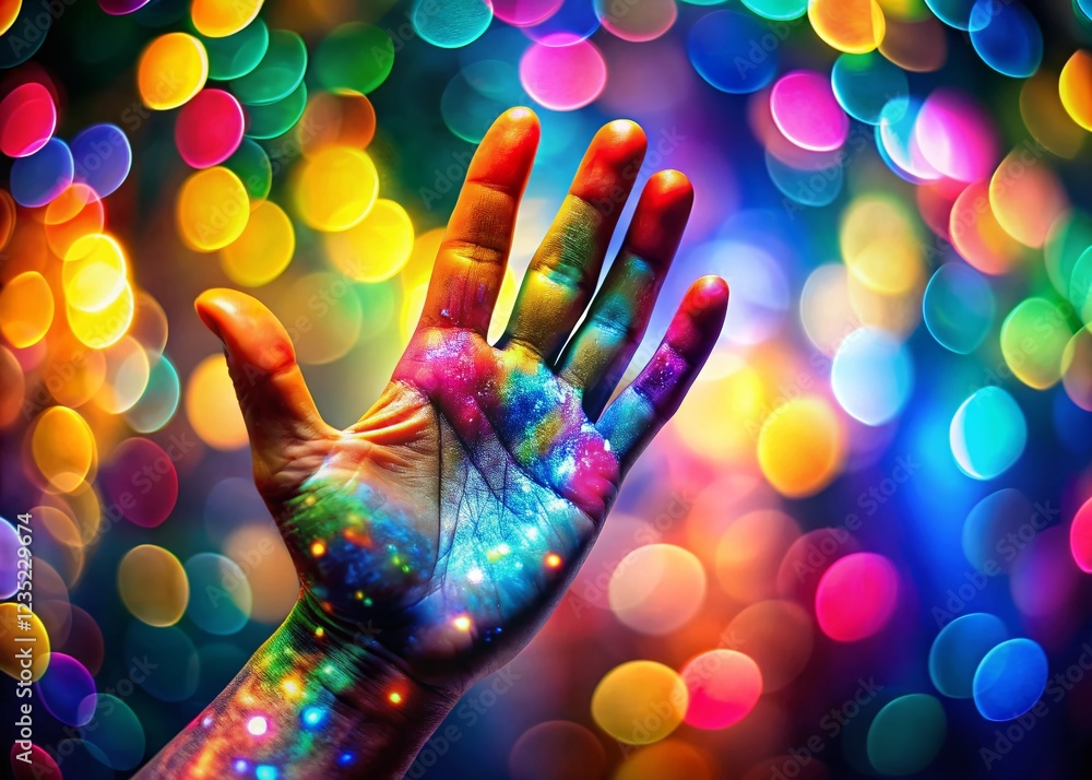 Poster abstract hand with bokeh dots background - artistic closeup