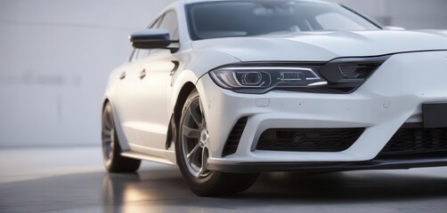 Fototapeta premium Close-up of isolated car on white surface with reflected sun , clean lines, metallic finish