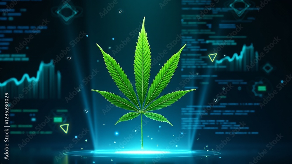 Poster a marijuana leaf floats inside a holographic display, surrounded by scrolling data streams and neon 