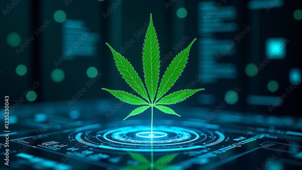 Aufkleber a marijuana leaf floats inside a holographic display, surrounded by scrolling data streams and neon 