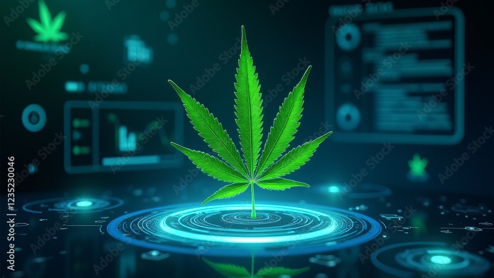 Poster a marijuana leaf floats inside a holographic display, surrounded by scrolling data streams and neon 