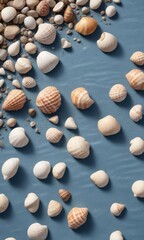 Close-up of seashells and pebbles scattered on a blue striped sandy surface,  coastal,  rocky