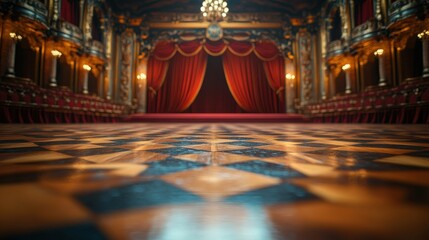 Obraz premium Ornate theater stage floor with red curtain and opulent hall