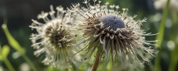 Close-up of the Pusteblume L?wenzahn's intricate details including the seed head and leaves with a soft focus effect, meadow, flora