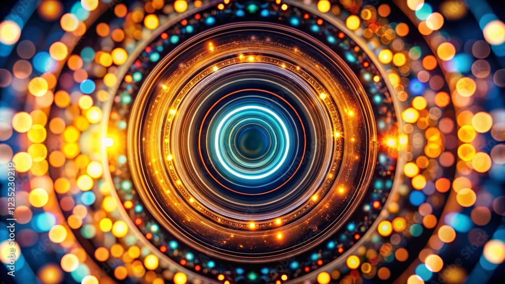 Poster abstract macro photography: repeating circular light frames on black background